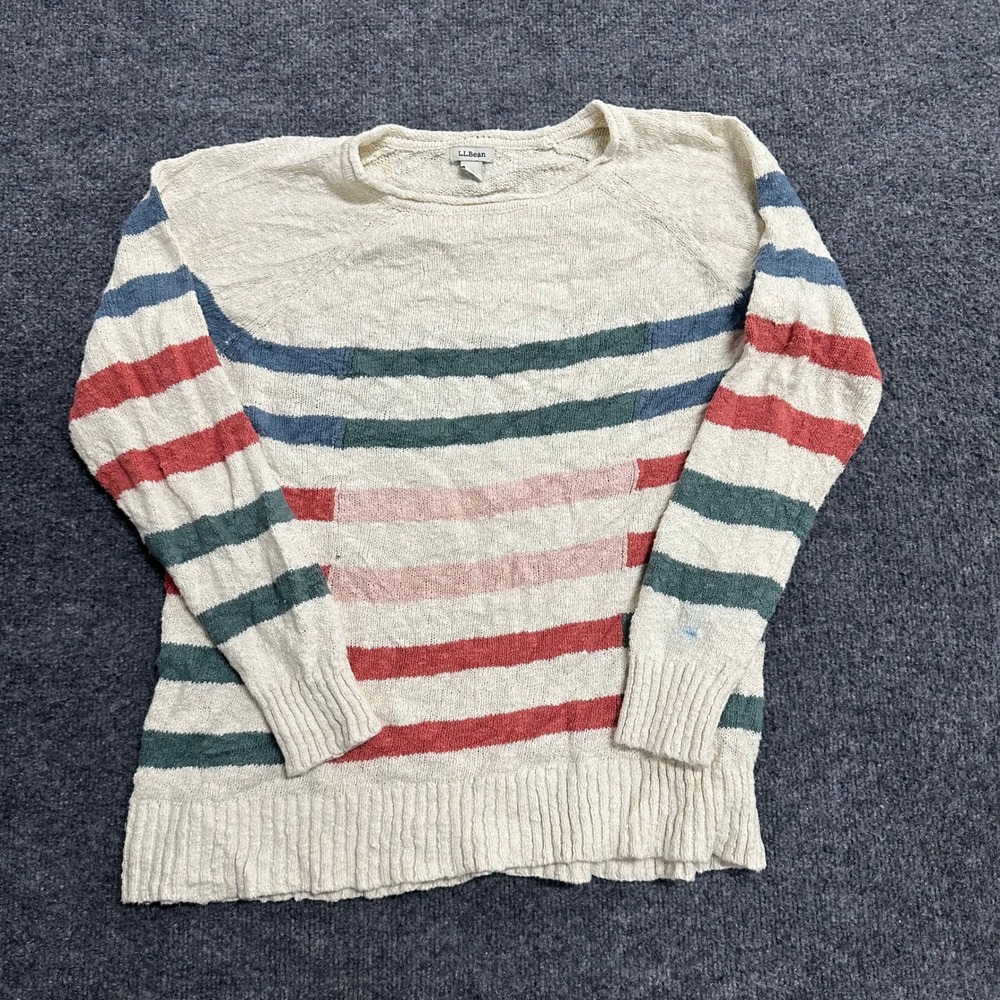 L.L. Bean Sweater Womens Size M Cream Striped Cotton Raglan Long Sleeve Casual